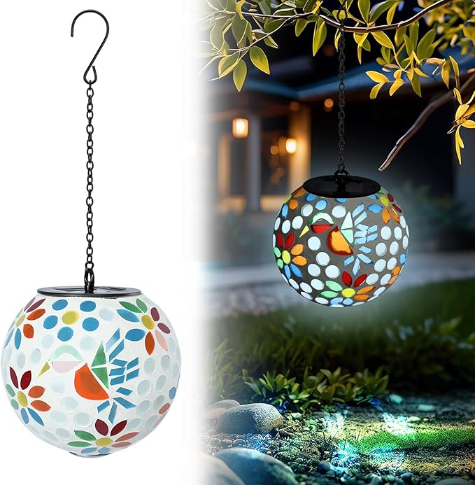 VCUTEKA Solar Chandelier Outdoor, Hanging Mosaic SolarLights with Hook Up, Solar Garden Lantern Decor for Yard, Deck and Patio, White-VerdiqueGarden