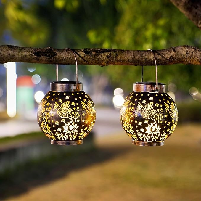 2 Pack Outdoor Solar Hanging Lantern Lights Metal LED Decorative Lamp for Garden Patio Courtyard Lawn and Table with Hollowed-Out Design (Bronze Hummingbird)-VerdiqueGarden