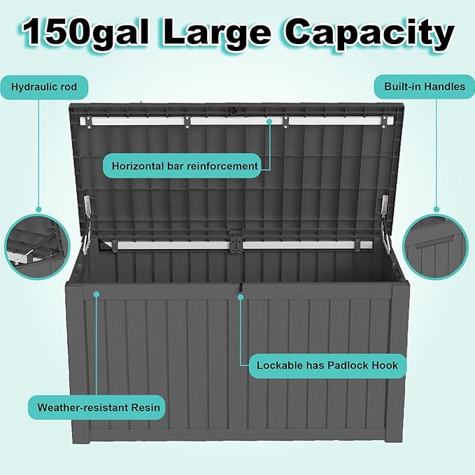 150Gal Outdoor Deck Box Waterproof, Lager Patio Storage Box Indoor and Outdoor Use, Lockable Resin Storage Bin for Patio Furniture Cushions Garden Tools, Package Delivery,UV Resistant-Black-VerdiqueGarden