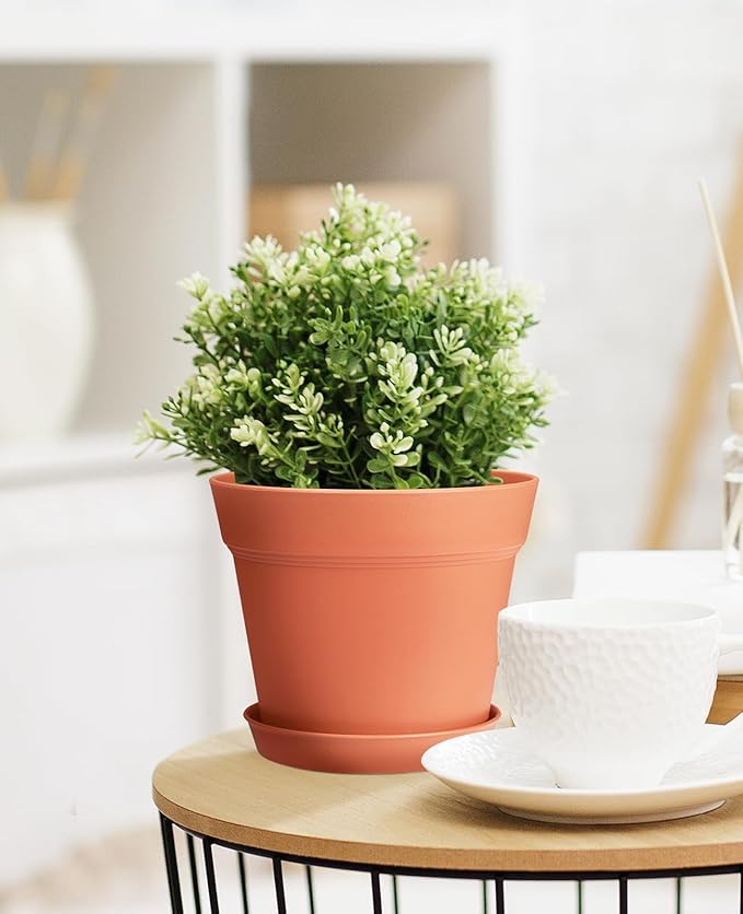 Homenote Pots for Plants, 15 Pack 6 Inch Plastic Planters with Multiple Drainage Holes and Tray - Plant Pots for All Home Garden Flowers Succulents (Terra Cotta)-VerdiqueGarden