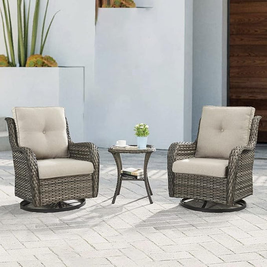 Outdoor Patio Swivel Rocker Chairs - 3 Piece Patio Bistro Set,Wicker Patio Furniture Set with 2 Swivel Rocking Chairs and 1 Glass Top Side Table for Deck Porch Garden,Mixed Grey/Beige-VerdiqueGarden