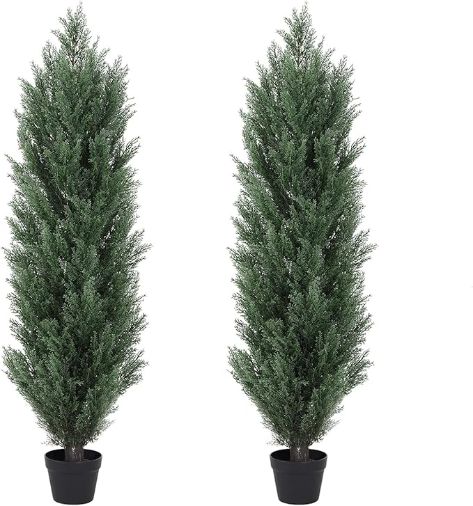 THE BLOOM TIMES 4ft Topiary Trees Artificial Outdoor 2 Pack – UV Resistant Faux Cedar Pine Cypress Bushes and Shrubs, Fake Potted Plants for Front Porch Outside Planter Patio Decor, Set of 2 (4 Foot)-VerdiqueGarden