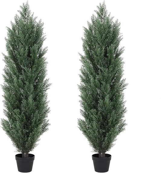THE BLOOM TIMES 4ft Topiary Trees Artificial Outdoor 2 Pack – UV Resistant Faux Cedar Pine Cypress Bushes and Shrubs, Fake Potted Plants for Front Porch Outside Planter Patio Decor, Set of 2 (4 Foot)-VerdiqueGarden