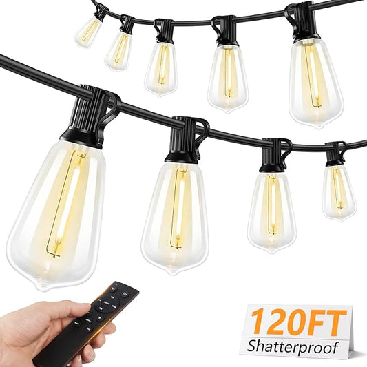 Brightever 120FT LED Outdoor String Lights with Remote, Patio Lights Outdoor Waterproof with 36+2 Shatterproof ST38 LED Bulbs, Dimmable Outside Hanging Light for Porch, Garden, Backyard, Cafe, 2700K-VerdiqueGarden