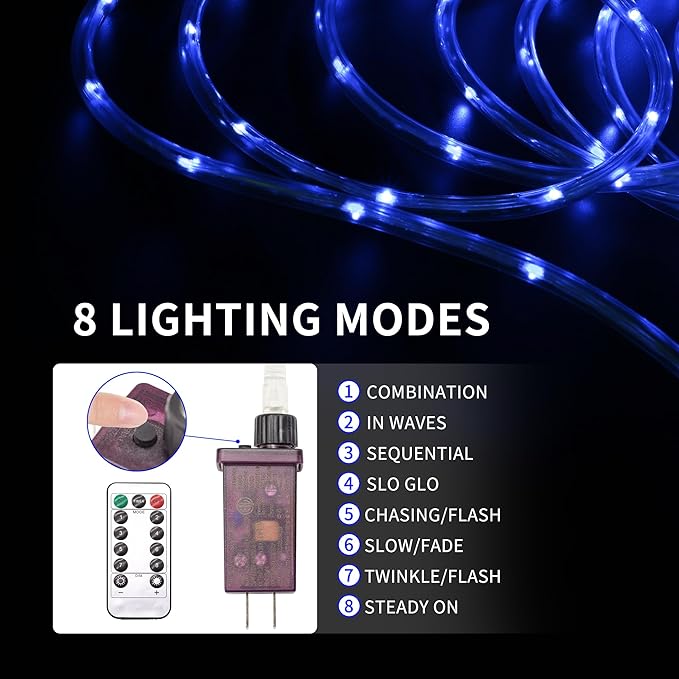 LED Rope Lights for Outside, 20Ft 360°Blue Solar Rope Lights Outdoor Waterproof, 86 LEDs 110V 8 Modes Remote Control Timer Christmas Rope Lights for Party Holiday Garden Decoration (Blue)-VerdiqueGarden