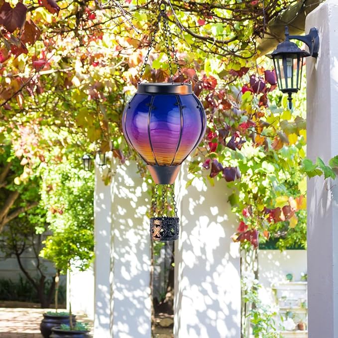Starsoul Glass Solar Hot Air Balloon Flickering Flame Hanging Garden Light Purple Hot Air Balloon Solar Lantern with Large Basket Waterproof Hot Air Balloon Solar Lamp Decor-VerdiqueGarden