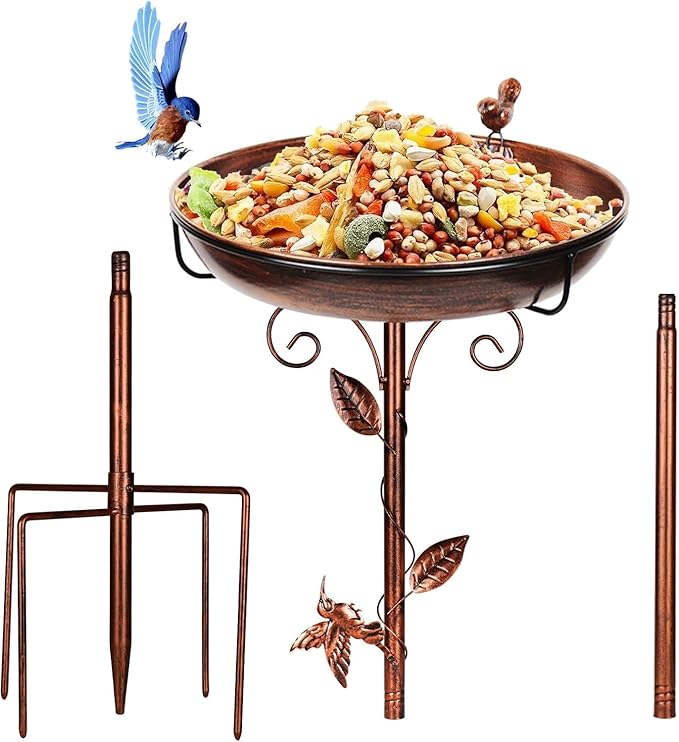 Metal Bird Bath for Outside with 2 Bird Decor, Hummingbird on Pole & Sparrow on Bowl, 38.5 Inch Height Garden Birdbath, 12 Inch Antique Bronze Freestanding Birdfeeder Bath for Yard Patio-VerdiqueGarden