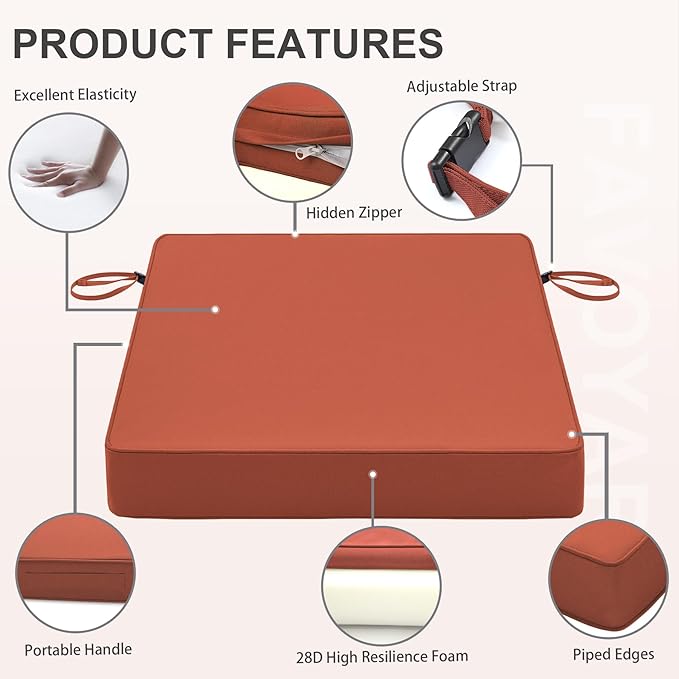 Favoyard Patio Chair Cushions 19 x 19 x 3 Inch Waterproof Outdoor Seat Cushions for Patio Furniture 3-Year Color Fastness Garden Sofa Couch Chair Pads with Handle & Adjustable Straps Set of 2, Spice-VerdiqueGarden