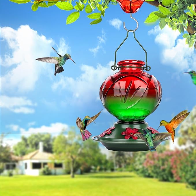 BOLITE Hummingbird Feeder, Glass Hummingbird Feeders for Outdoors Hanging, 22 Ounce, Five Feeding Ports with Perch, Peony Flower Shape, Red and Green, Gifts for Women Men, Gifts for Mom Dad-VerdiqueGarden