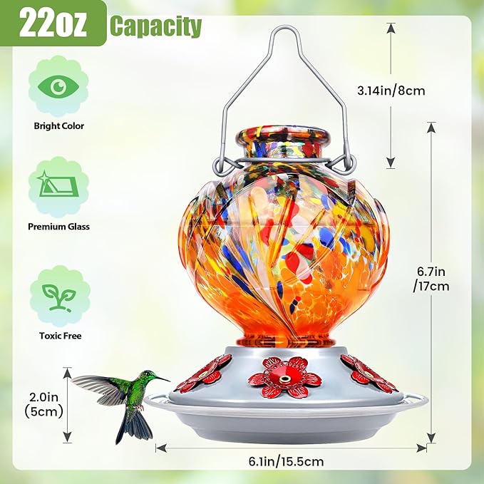 BOLITE Hummingbird Feeder, Hand Blown Glass Hummingbird Feeders for Outdoors Hanging, with Ant Moat and 5 Feeding Ports, 22 Ounces, Peony Flower Shape, Orange, Gifts for Women Men, Gifts for Mom Dad-VerdiqueGarden