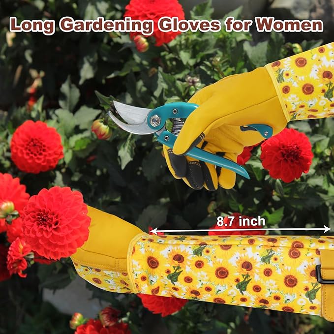 DLY Gardening Gloves for Women, Rose Gloves Gardening Thorn Proof, Long Garden Gloves for Women, Breathable Cowhide Leather Gauntlet (X-Large, Yellow-VerdiqueGarden