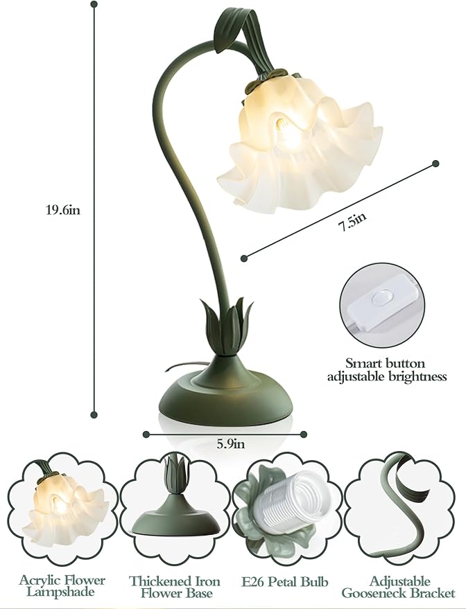 Flower Table Lamp,LED Reading Light Bedside Vintage Flower Night Light,3 Colors Modes Kawaii Bedside Lamps Decor,Living Room Bedroom Room Lighting Table Lamps Home Decoration (Green)-VerdiqueGarden