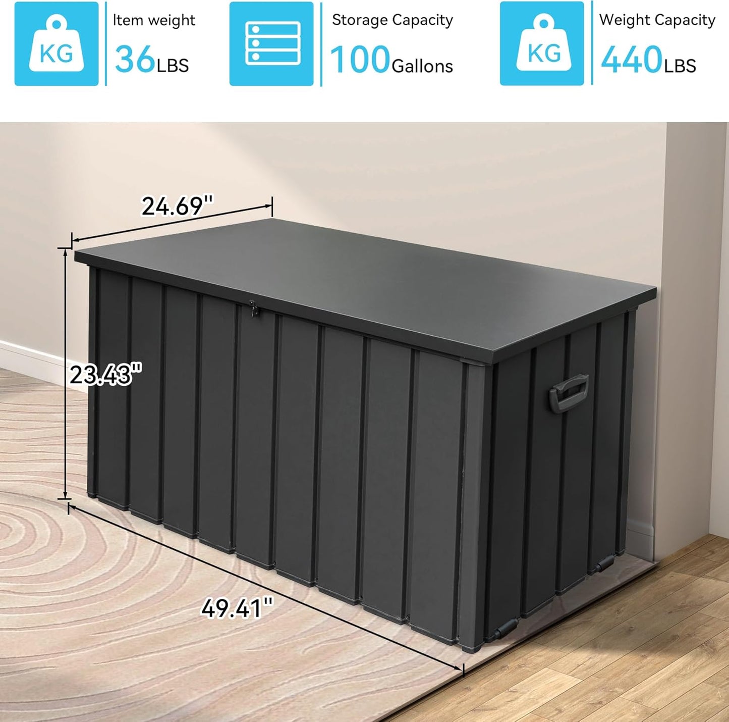 100 Gallon Metal Outdoor Storage Box, Waterproof Steel Deck Box, Large Patio Furniture Storage Cabinet, Lockable Storage Bench for Porch Package Delivery, Cushions, Pool, Tools- Dark Grey-VerdiqueGarden