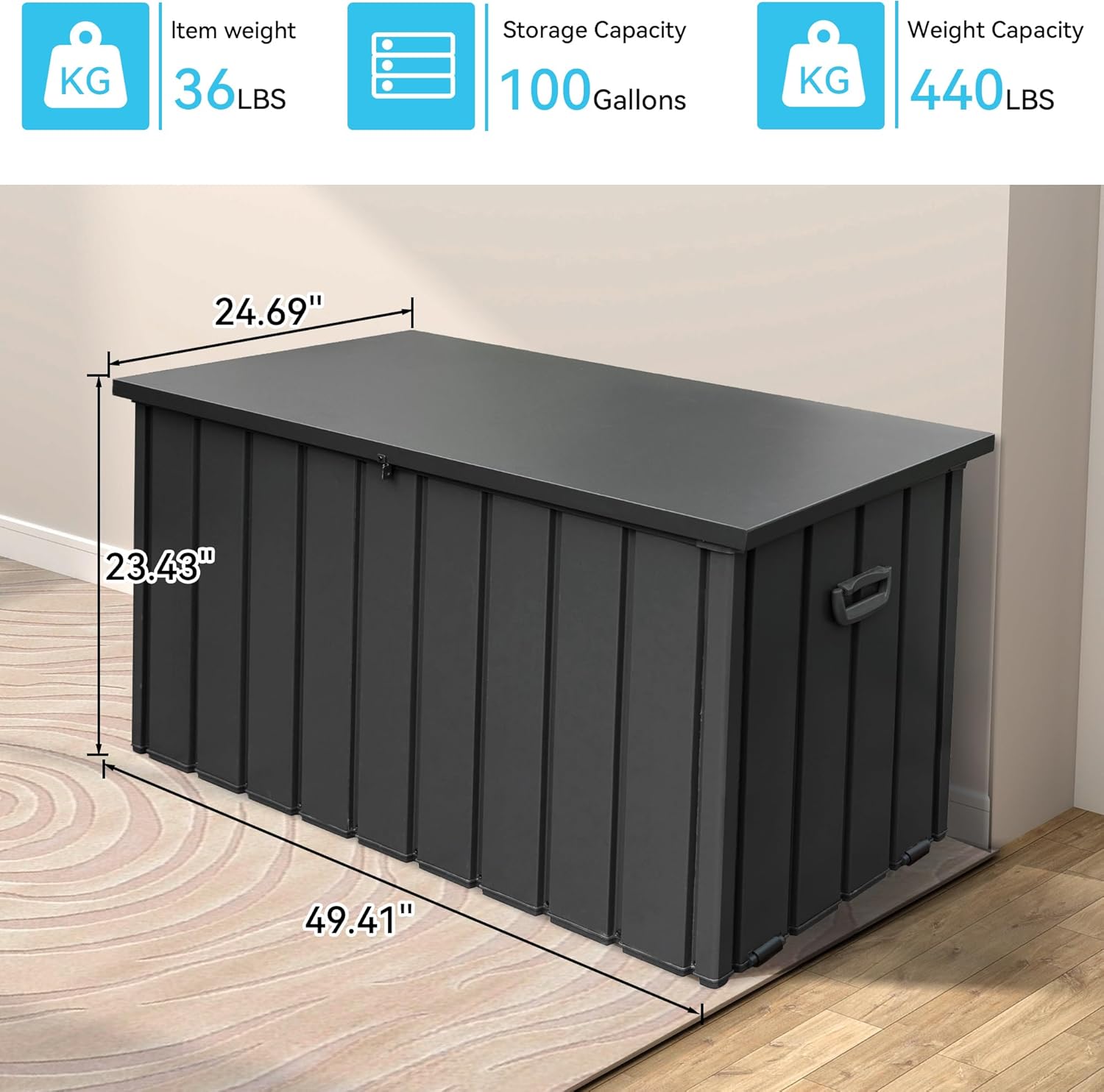 100 Gallon Metal Outdoor Storage Box, Waterproof Steel Deck Box, Large Patio Furniture Storage Cabinet, Lockable Storage Bench for Porch Package Delivery, Cushions, Pool, Tools- Dark Grey-VerdiqueGarden
