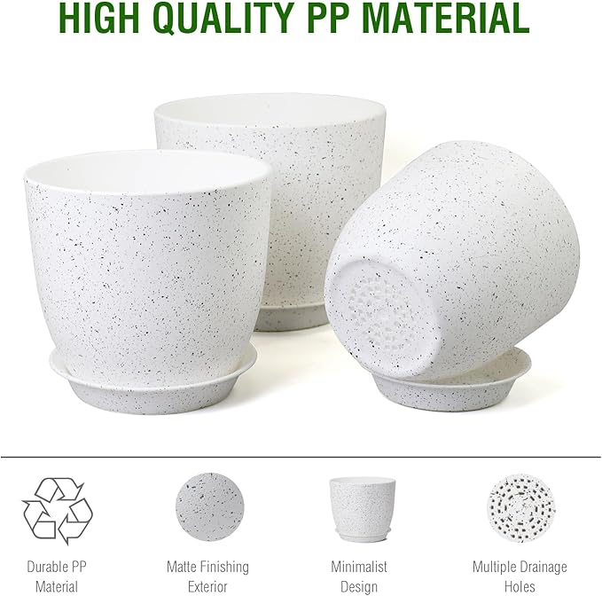 10/9/8 inch Medium Plant Pots, Set of 3 Modern Decorative Plastic Planters with Drainage Holes and Saucers for Garden House Plants, Flower Pots for Indoor Outdoor Plants, Speckled White-VerdiqueGarden