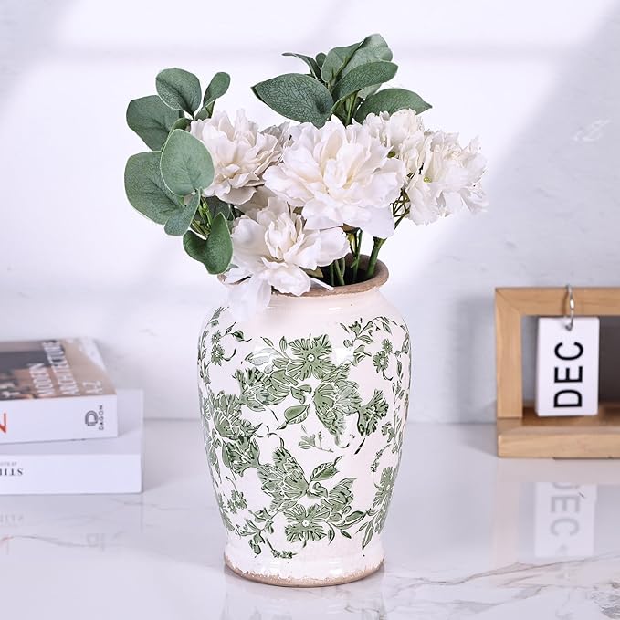 Vintage Vase for Flowers,Green Chinoiserie Ceramic Vase,Rustic Farmhouse Cracked Vases,for Flower Arrangement,Living Room, Office, Shelf, Fireplace Tables,Centerpieces,Chinoiserie Pottery Decor(B)-VerdiqueGarden