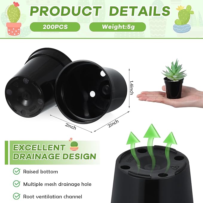 Yaomiao 200 Pcs 2 Inch Black Mini Plastic Plant Pot Nursery Seedling Pots Seed Starter with Drainage Holes for Indoor Outdoor Garden Succulent Plants Cuttings Transplanting-VerdiqueGarden