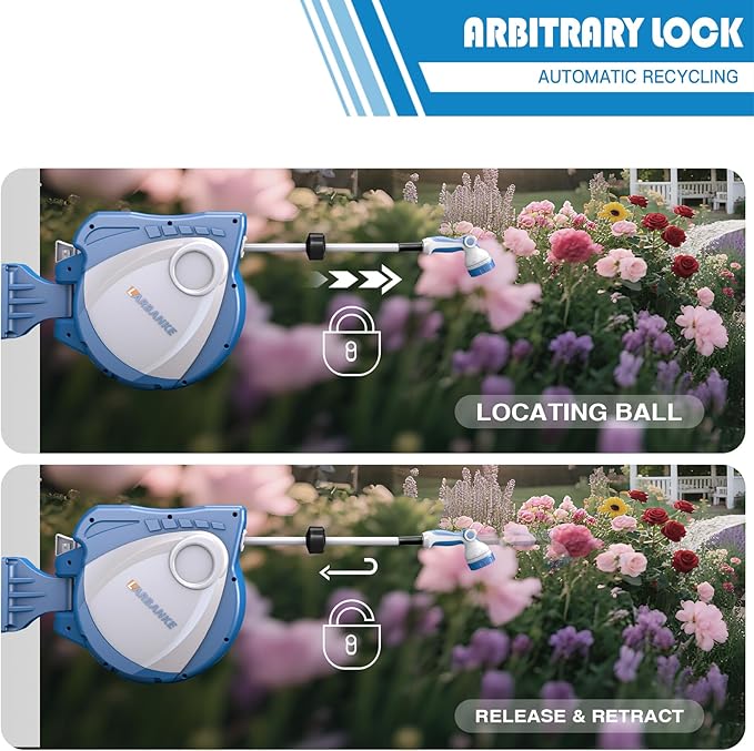 1/2 in × 100 ft Garden Hose Reel,Wall-Mounted Hose Reel with Bottom Drain,180° Rotating Bracket,with 10-Function Sprayer Nozzle,Lockable at Any Length,Equipped with Waterproof Bag(Blue)-VerdiqueGarden