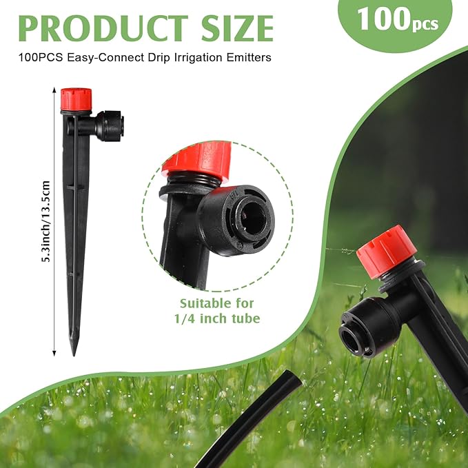 100 Pcs Drip Irrigation Emitters for 1/4'' Irrigation Tubing Adjustable Water Flow Drip Emitters with Stake Drip Irrigation System Irrigation Drippers with 360 Degree Sprayer for Garden Patio-VerdiqueGarden