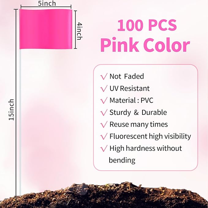 Zozen 100Pack Fluorescent Pink Marking Flags, Writable/15x4x5 Inch, Yard Flags for Lawn & Irrigation & Landscape & Sprinkler & Survey & Dog Training.-VerdiqueGarden