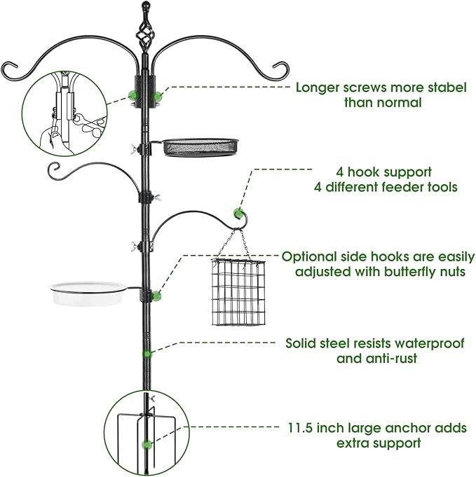 Bird Feeder Pole Wild Bird Feeder Hanging Kit Planter, 83 Inch Bird Feeding Station Kit with 5 Prongs Base Hummingbird Feeder Stand Hook for Outside-VerdiqueGarden