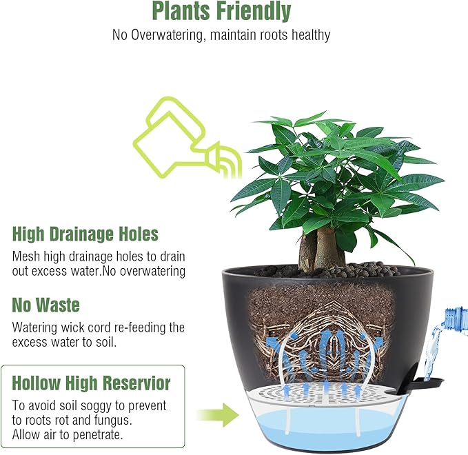 12 inch Large Self Watering Pots, Plastic Planters with 60oZ Removable Deep Reservoir and Multi Mesh Drainage Holes for Indoor Outdoor Garden Plants and Flowers, Black-VerdiqueGarden