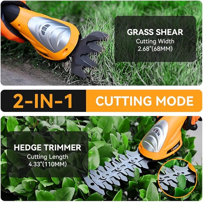 Hoteche Cordless Grass Shear & Hedge Trimmer 2-in-1 Handheld 7.2V Rechargeable Electric Shrub Clippers-VerdiqueGarden