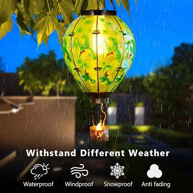 Starsoul Extra Large Solar Hot Air Balloon Lantern with Flame Hummingbird Glass Outdoor Hanging Hot Air Balloon Solar Light Waterproof Garden Patio Yard Party Decorations-VerdiqueGarden