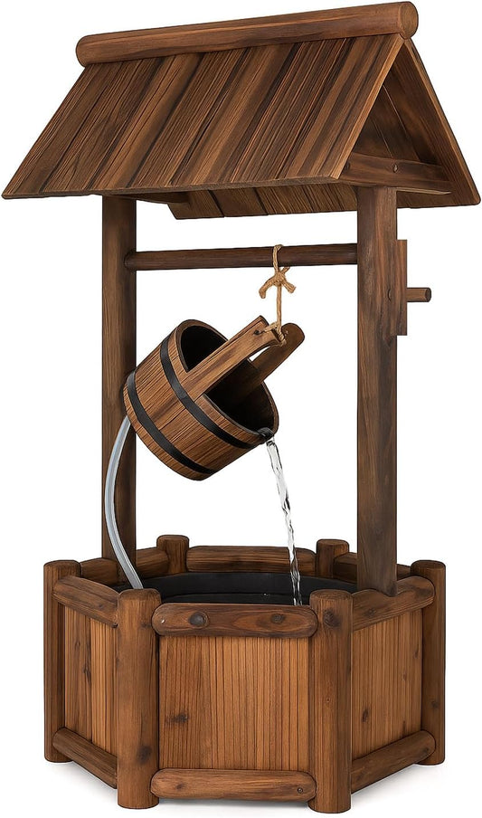 Tangkula Outdoor Wishing Well Water Fountain, Old-Fashioned Wood Waterfall Fountain w/Bucket Pump, Rustic Farmhouse Decoration for Garden, Backyard, 46 Inch Tall (20" x 23" x 46")-VerdiqueGarden