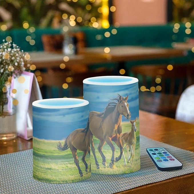 Flickering Flameless Candles, Beautiful Horses Summer Field LED Candles with Remote Timer, Set of 2 Battery Operated Candle for Valentine Wedding Birthday-VerdiqueGarden