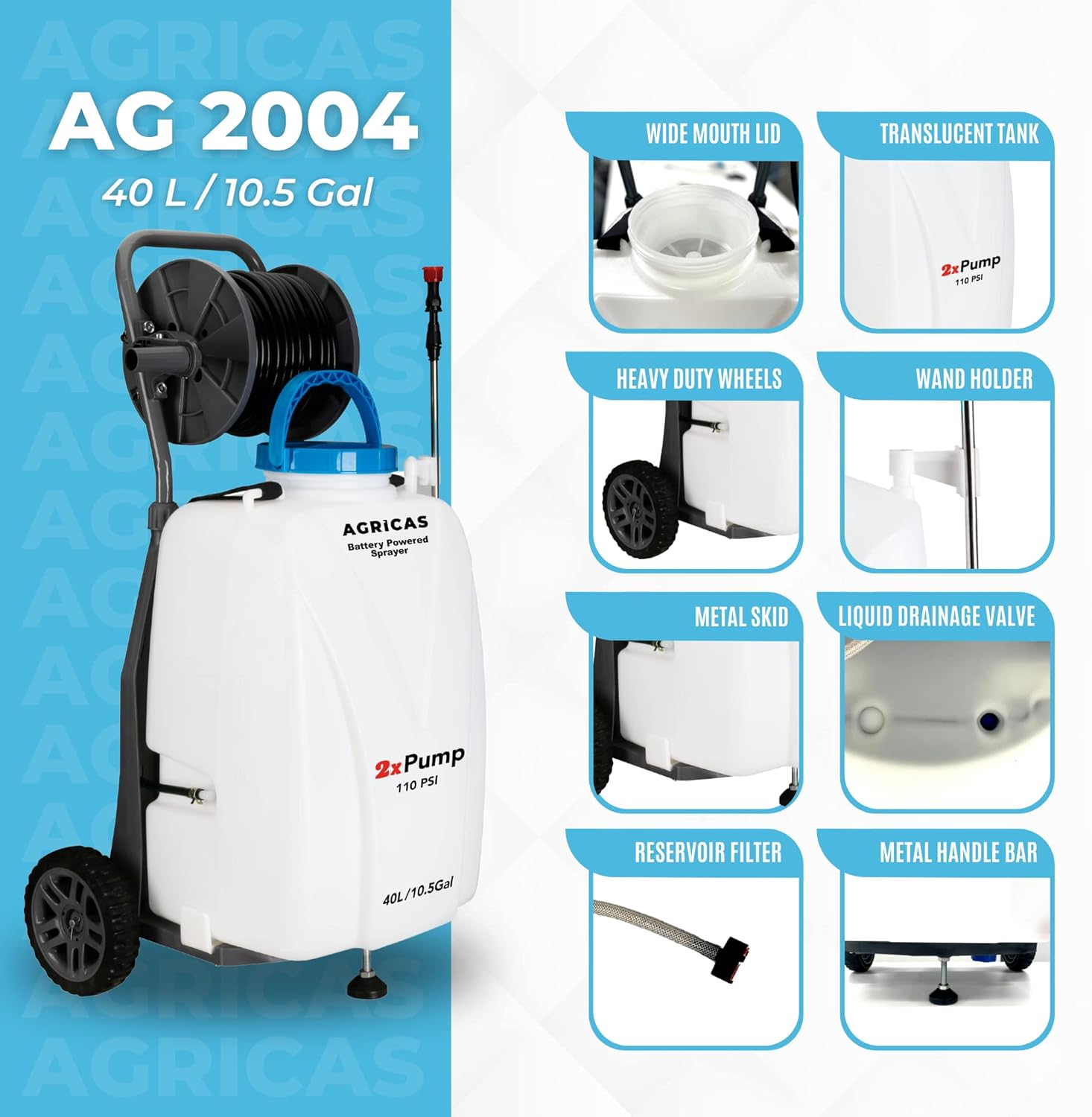 10.5 Gal Battery Powered Sprayer with Double Professional Pump with Wheels, Multifunctional and Portable Weed Sprayer for Lawn & Garden with Adjustable HD Wand and Nozzles-VerdiqueGarden