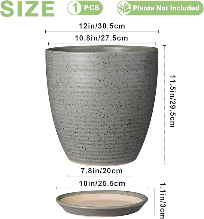 12 Inch Plant Pot, Ceramic Planter Pot with Drainage Hole and Saucer Round Large Flower Pot for Indoor Plants, Light Gray-VerdiqueGarden