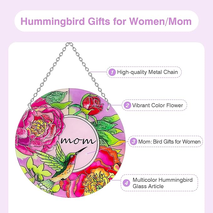 Hummingbird Gifts for Mom, Stained Glass Bird Window Hangings, Sun Catcher Ornament Hanging for Windows, Hummingbird Suncatcher for Women, Mother's Day Birthday Christmas (Suction Cup, 6in)-VerdiqueGarden