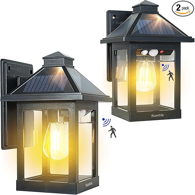 2 Pack Solar Wall Lantern Lights Outdoor Dusk to Dawn Motion Sensor Waterproof LED Wall Sconce Exterior Porch Light Fixtures Warm White, 3 Lighting Modes for Fence Patio Garage Garden Yard-VerdiqueGarden