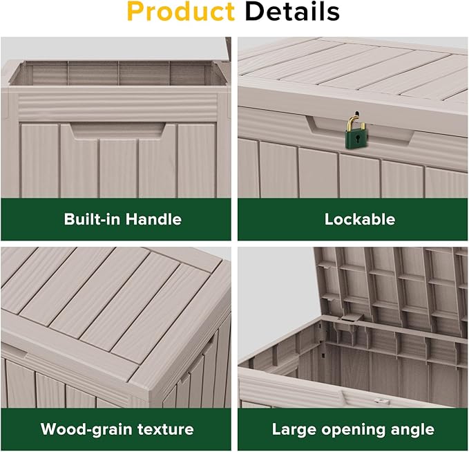 46 Gallon Outdoor Deck Box,Storage Lockable Waterproof Patio Furniture,Garden Tools,Cushions,Pool Accessories Outside Storage Resin Box(Light Brown)-VerdiqueGarden