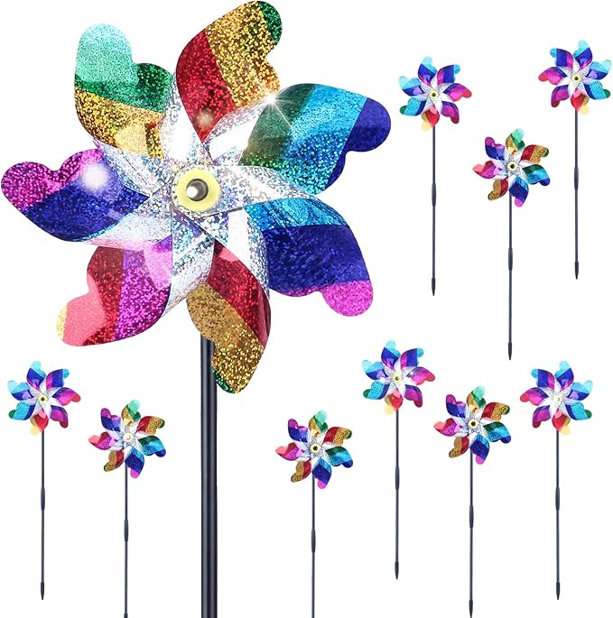 BATTIFE 10 Pack Sparkly Rainbow Pinwheels, Reflective Wind Spinner for Yard and Garden with Stakes, Decor Windmill to Scare Birds Away for Lawn and Patio-VerdiqueGarden