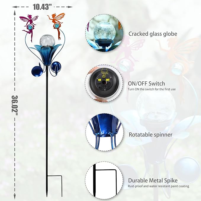 VCUTEKA Solar Lights Outdoor Metal Garden Stake Waterproof Crackle Glass Globe Garden Decor Fairy for Pathway, Lawn, Patio, Yard-VerdiqueGarden