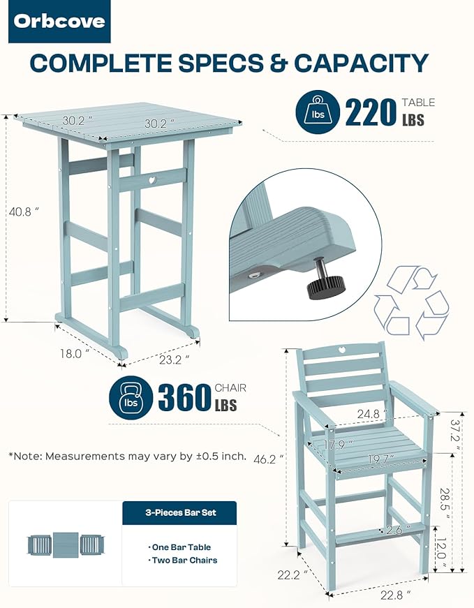 5-Piece Bar Height Outdoor Table and Chairs Set, HDPE Wood Grain Patio Bar Table and Chairs with Heart Cutout Design, Weather-Resistant Bar Height Furniture for Deck, Porch, Pool (Light Blue)-VerdiqueGarden