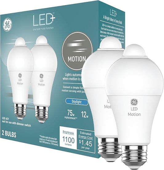 GE LED+ Motion Sensor LED Light Bulbs, 12W, Outdoor Security Lights, Daylight, A21 (2 Pack)-VerdiqueGarden