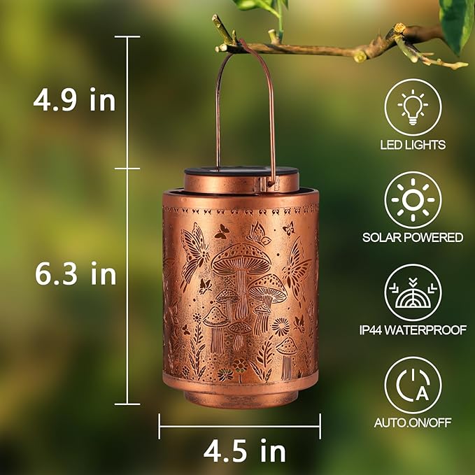 Solar Lanterns Outdoor Waterproof Mushroom Butterfly Garden Decor Gifts for Women Mon Grandma Metal Hanging Solar Lights Decoration for Outside LED Lanterns for Yard Patio Lawn Pathway Landscape-VerdiqueGarden