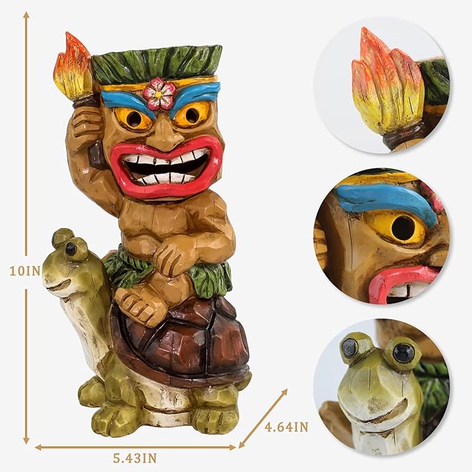 Solar Tiki Statue Light-Garden Turtles Outdoor Decor - Tiki Man Riding Turtle with Tiki Torch Solar Light for Tiki Bar Decorations, Patio, Balcony, Yard,Lawn,Gifts-VerdiqueGarden