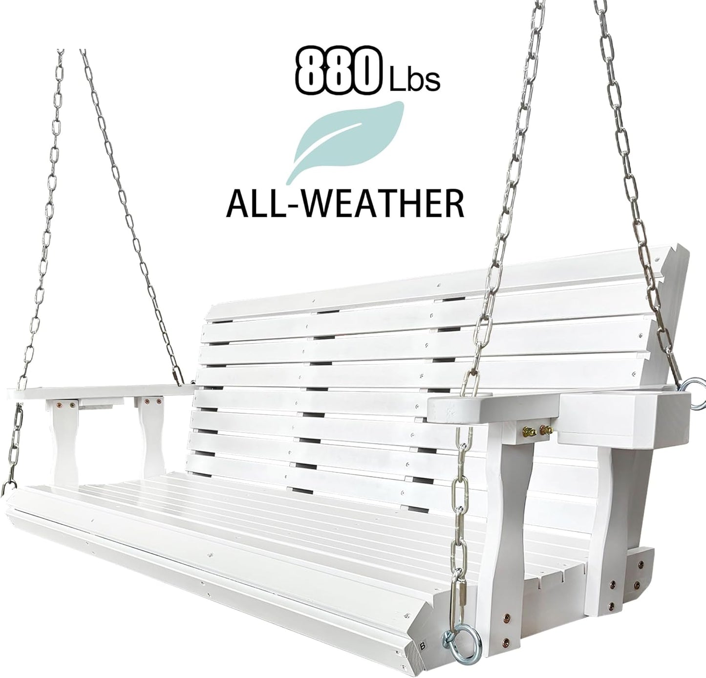 Wooden Porch Swing 3-Seater, High Backrest and Deep Seat, Bench Swing with Cupholders, Hanging Chains and 7mm Springs, Heavy Duty 880 LBS, for Outdoor Patio Garden (Pure White, 5 FT Extra Large)-VerdiqueGarden