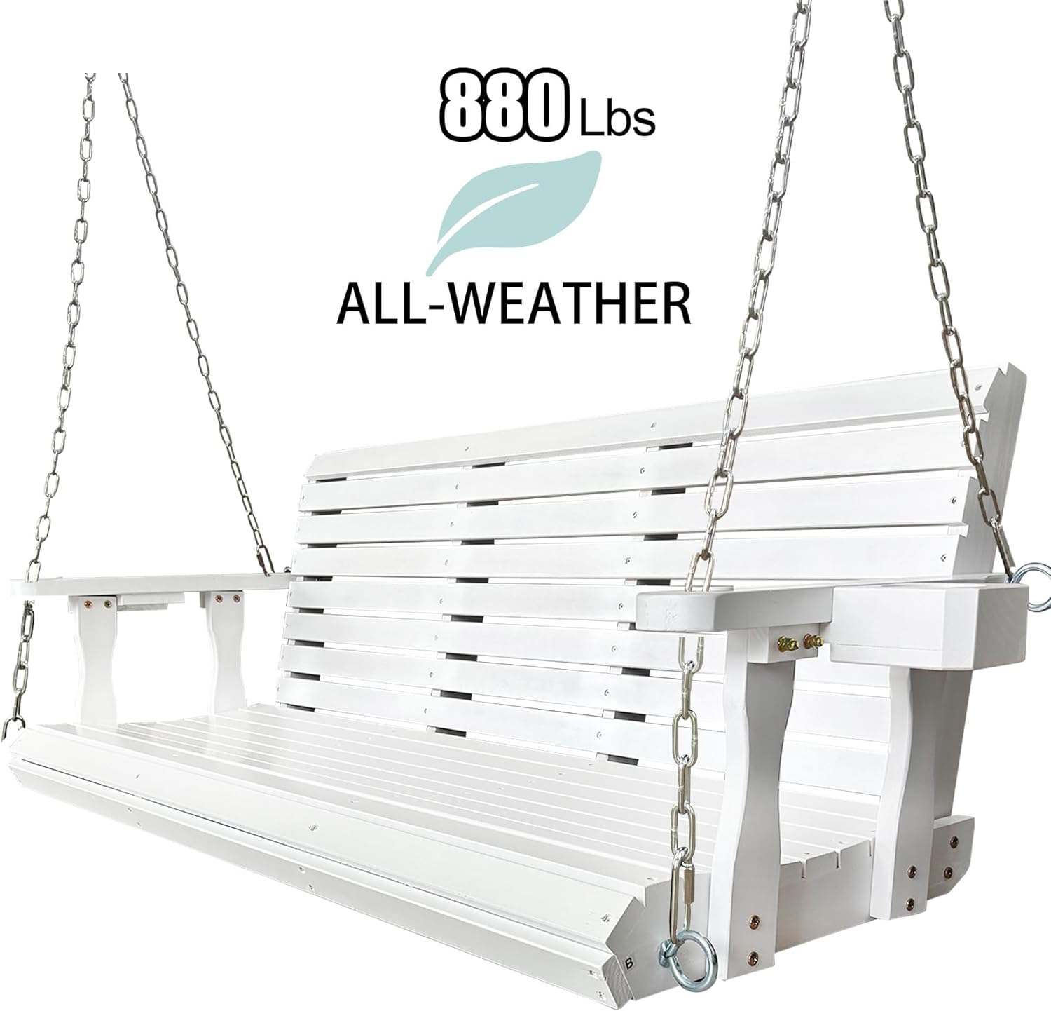 Wooden Porch Swing 3-Seater, High Backrest and Deep Seat, Bench Swing with Cupholders, Hanging Chains and 7mm Springs, Heavy Duty 880 LBS, for Outdoor Patio Garden (Pure White, 5 FT Extra Large)-VerdiqueGarden