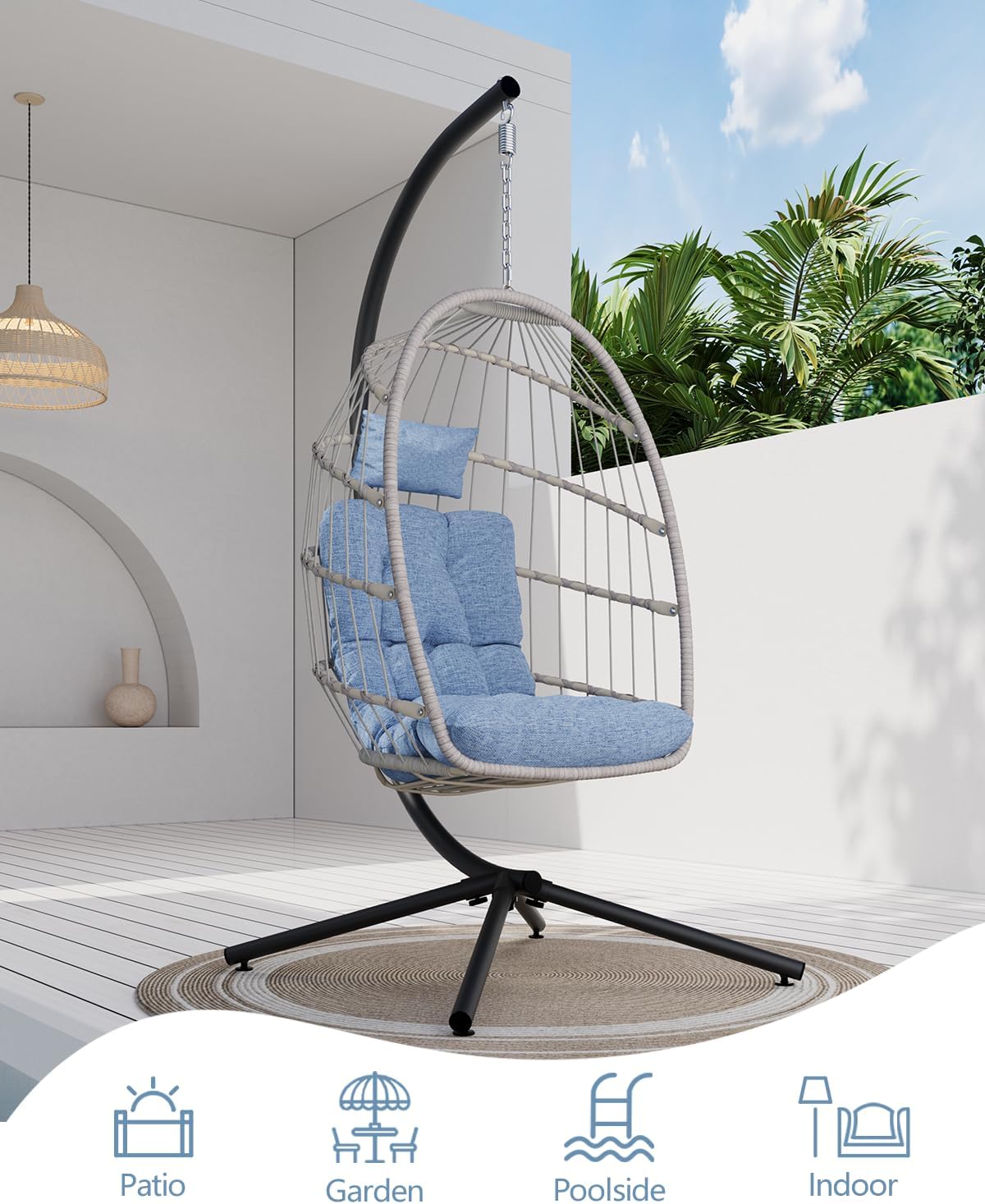 SWITTE Egg Chair Outdoor with Stand, Indoor Wicker Hanging Egg Swing Chair with Cushion, 350lbs Capacity for Patio, Bedroom, Garden - Light Blue-VerdiqueGarden