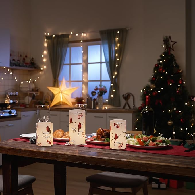 Cardinal Flameless Candles, 3 Pack LED Flickering Pillar Candles with Red Bird Decals, Real Wax Cardinal Home Decor for Halloween Christmas Decor(D3” x H4”5”6”)-VerdiqueGarden