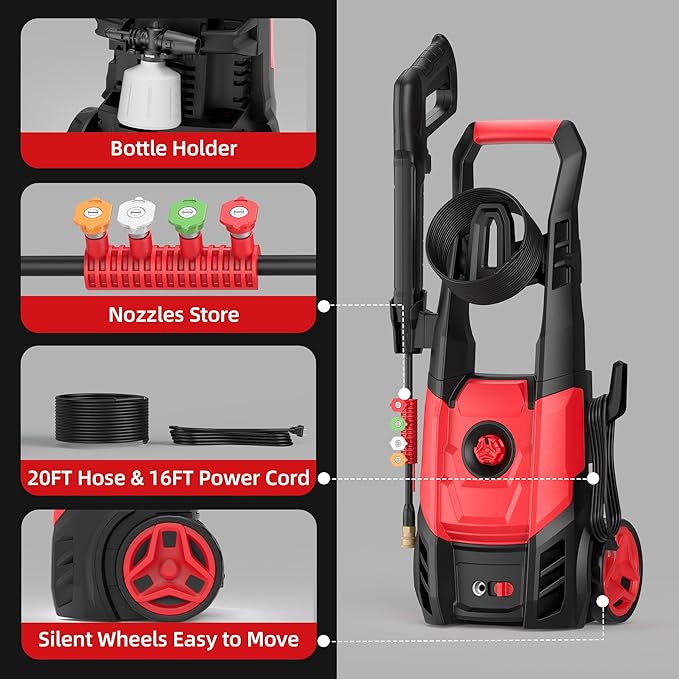 Electric Pressure Washer, 2.5 Max GPM Power Washer with Foam Cannon, Powerwasher with 4 Nozzles, High Pressure Washer for Cars, Driveways, Patios, Decks-VerdiqueGarden