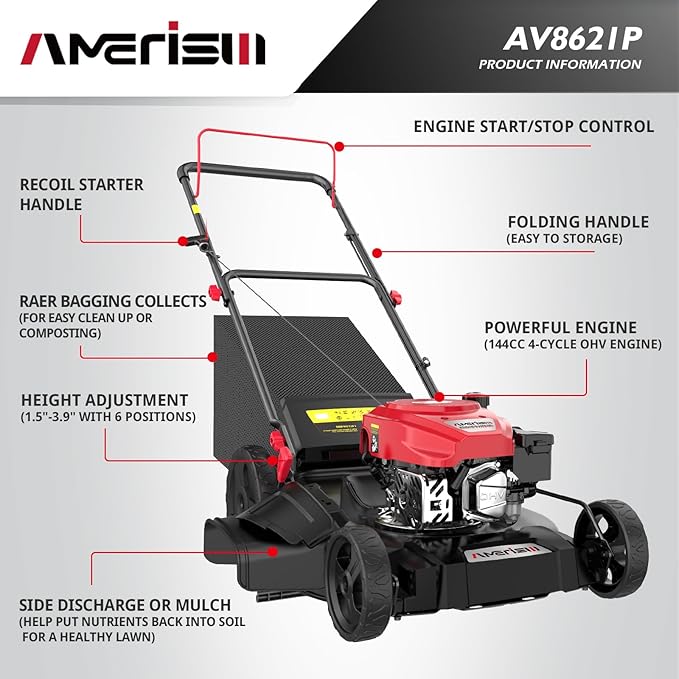Gas Lawn Mower, 21" with 144cc 4-Cycle OHV Engine 3-in-1 Walk-Behind Push Lawn Mower (AV8621P1)-VerdiqueGarden