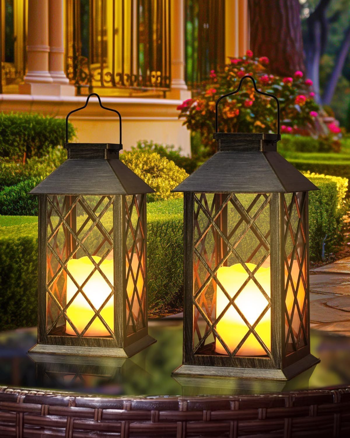 Otdair Solar Lanterns Outdoor Waterproof, 2 Pack 14" Solar Lantern with Glass Retro LED Flickering Flameless Candle,Lanterns Decorative Outdoor for Gift, Yard, Garden, Patio, Balcony,Porch, Party-VerdiqueGarden