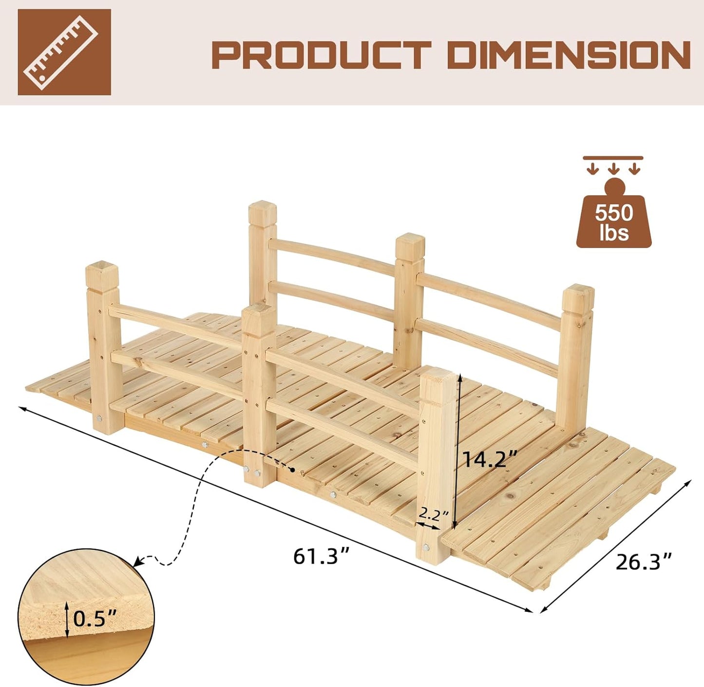 HOMEDIARY Fir Wood Garden Bridge, Outdoor Arc Footbridge Walkway with Double Safety Railings, Decorative Pond Bridge Landscaping w/550lbs Capacity for Backyard Garden Creek Pond Decor, Natural-VerdiqueGarden