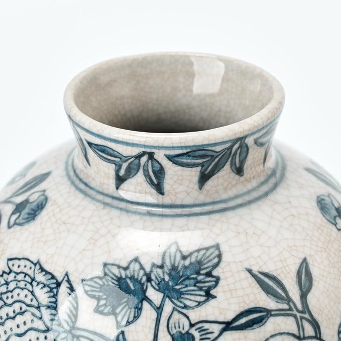 SIDUCAL Ceramic Chinoiserie Floral Vase | 6.3 Inch Blue and White Vintage | Retro Ice Cracked Blue and White Porcelain Vase for Table, Living Room, Bathroom Decoration, Shelf Decor, Mantel-VerdiqueGarden
